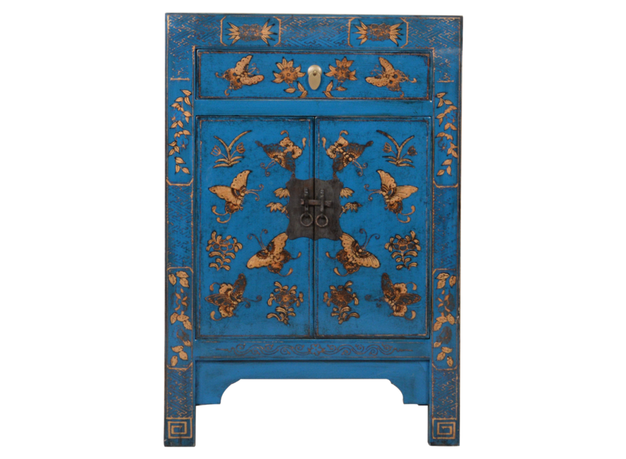 Armoire Chinoise Bleue Papillons Peints à la Main L58xP37xH85cm