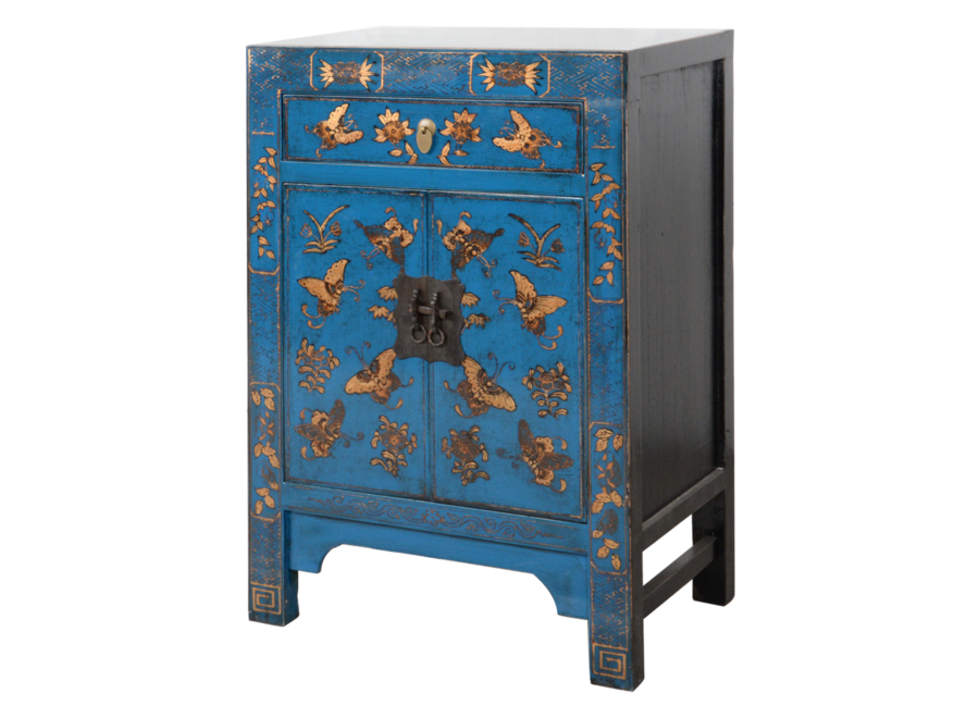 Armoire Chinoise Bleue Papillons Peints à la Main L58xP37xH85cm