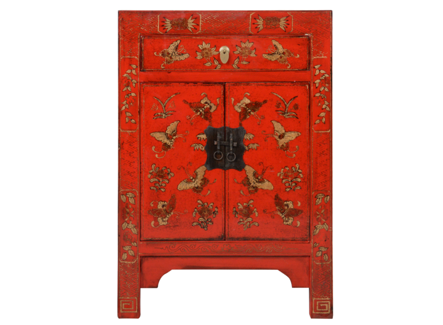 Armoire Chinoise Rouge Papillons Peints Main L58xP37xH85cm