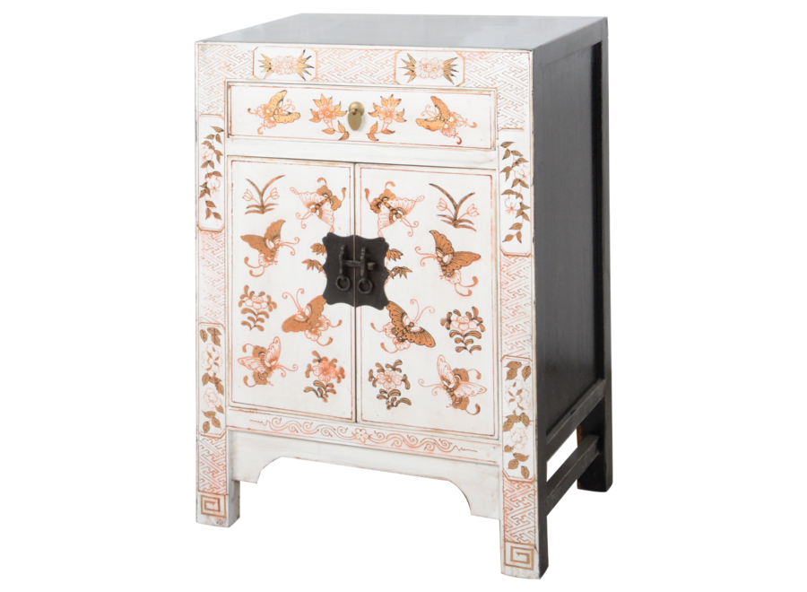 Armoire Chinoise Blanche Papillons Peint à la Main L58xP37xH85cm