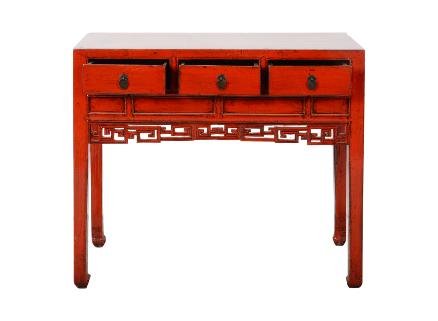 Fine Asianliving Table Console Antique Chinoise Rouge Brillant Sculpté à la Main L98xP46xH85cm