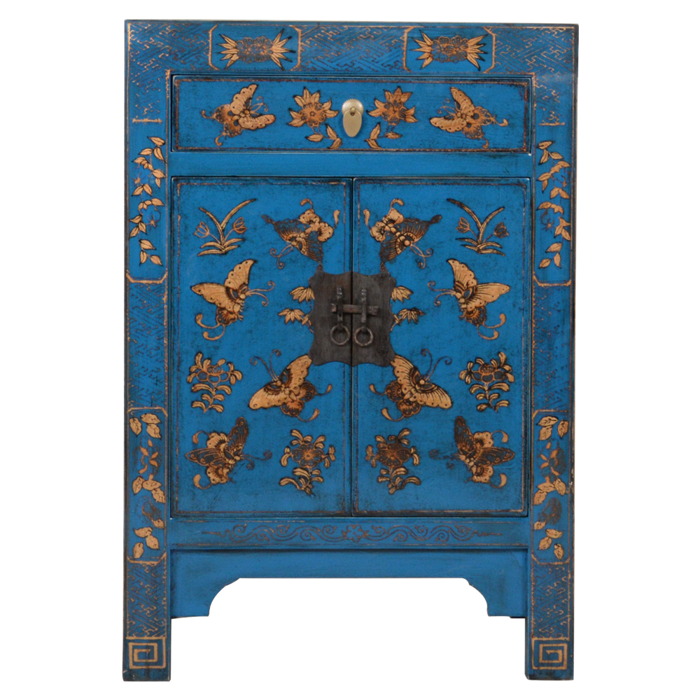 Chinese Bedside Table Blue Handpainted Butterflies W40xD32xH60cm Fine