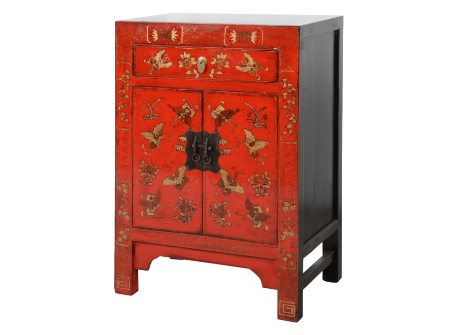 Fine Asianliving Chinese Bedside Table Red Handpainted Butterflies W40xD32xH60cm