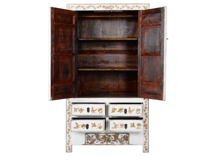 Armoire de Mariage Chinoise Ancienne Blanc Or Laquée Peinte à la Main L105xP50xH188cm