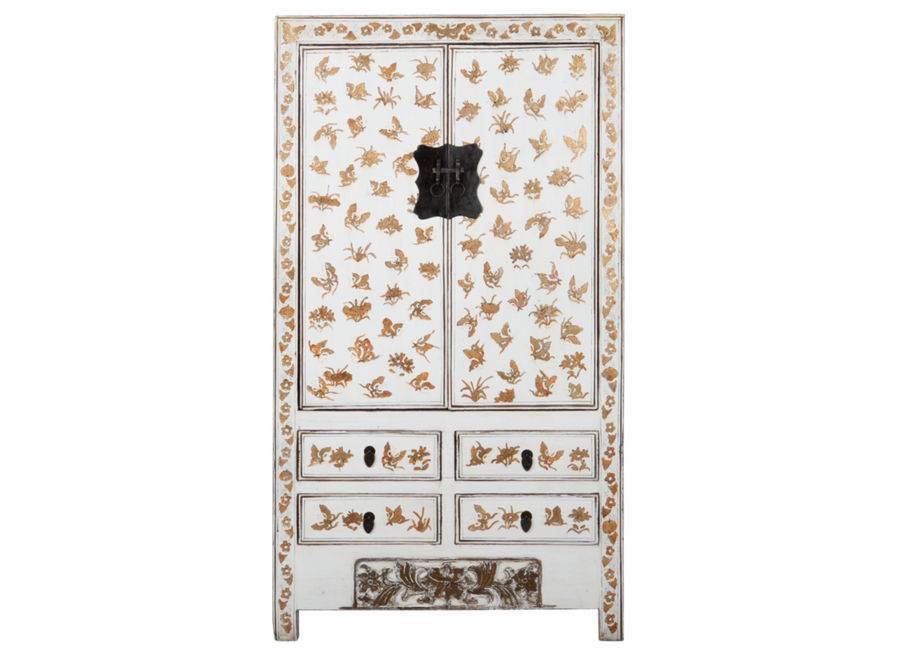 Antique Chinese Wedding Cabinet White Gold Handpainted approx W105xD50xH188cm