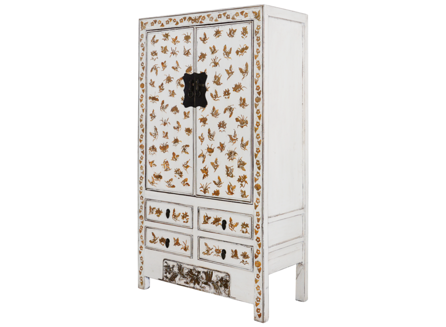 Armoire de Mariage Chinoise Ancienne Blanc Or Laquée Peinte à la Main L105xP50xH188cm