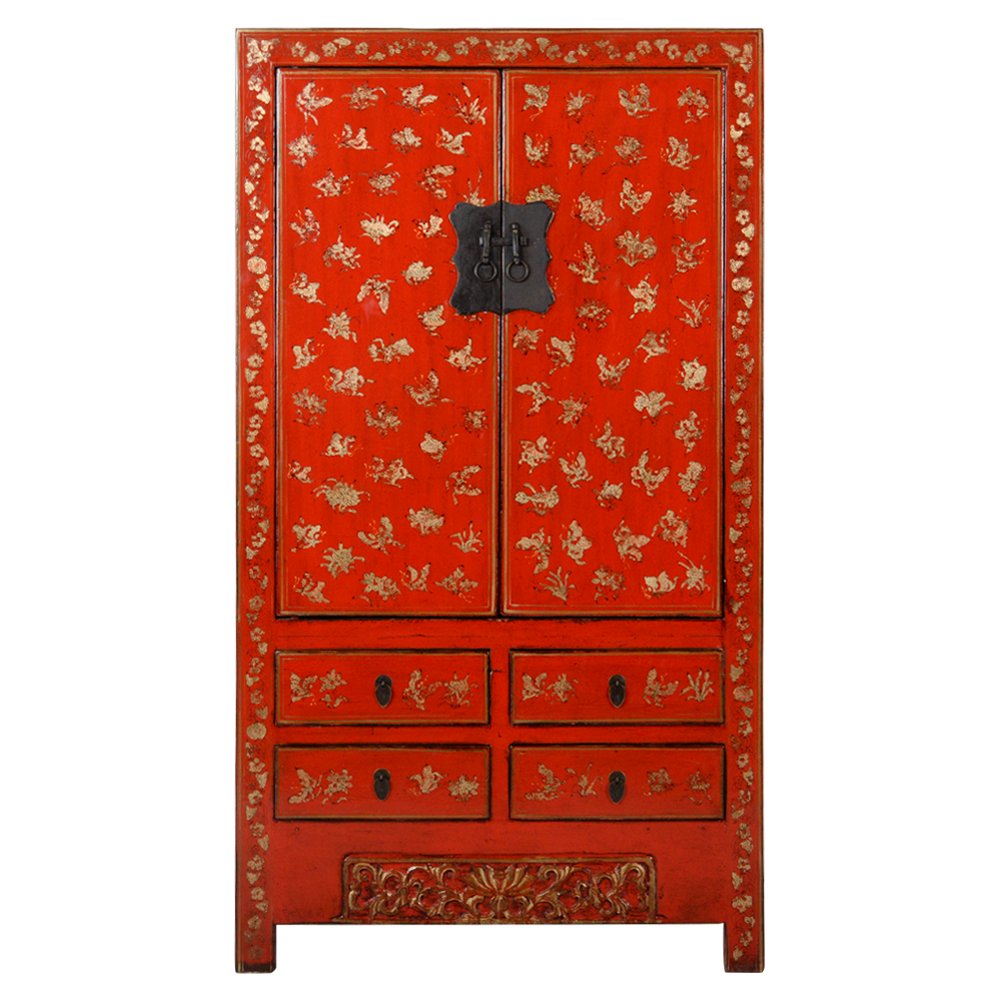Armoire de Mariage Chinoise Ancienne Rouge Or Laquée Peinte à la Main Fine Asianliving