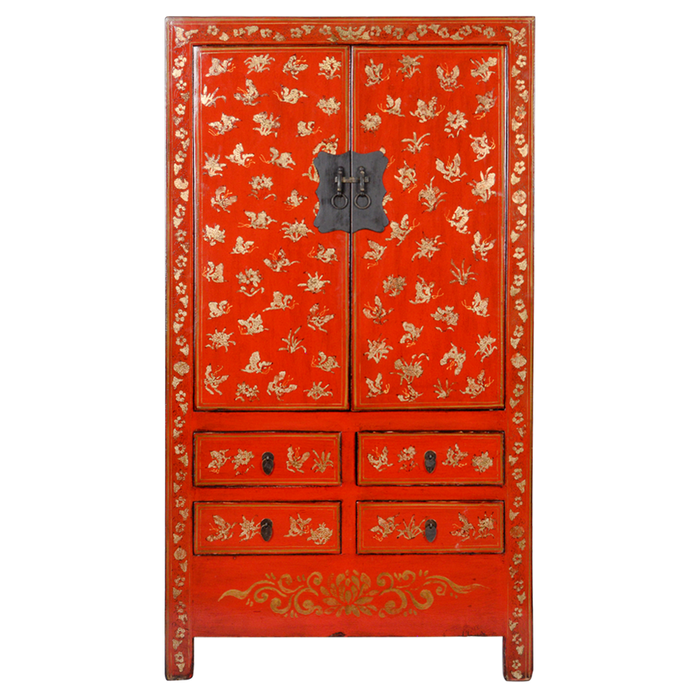 Armoire de Mariage Chinoise Ancienne Bleu Or Laquée Peinte à la Main L Fine Asianliving