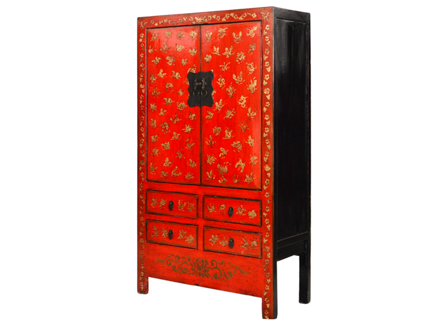 Armoire de Mariage Chinoise Ancienne Bleu Or Laquée Peinte à la Main L105xP50xH188cm