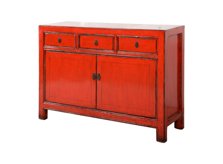 Buffet Chinois Ancien Rouge Haute Brillance L128xP40xH90cm