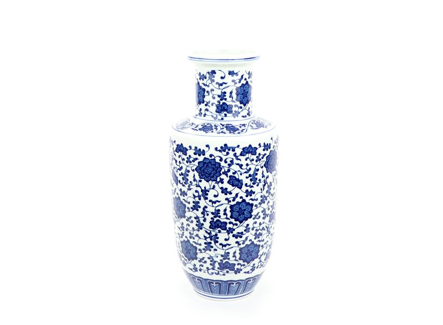 Jarrón Chino de Porcelana Loto Azul Blanca D17xAlto38cm