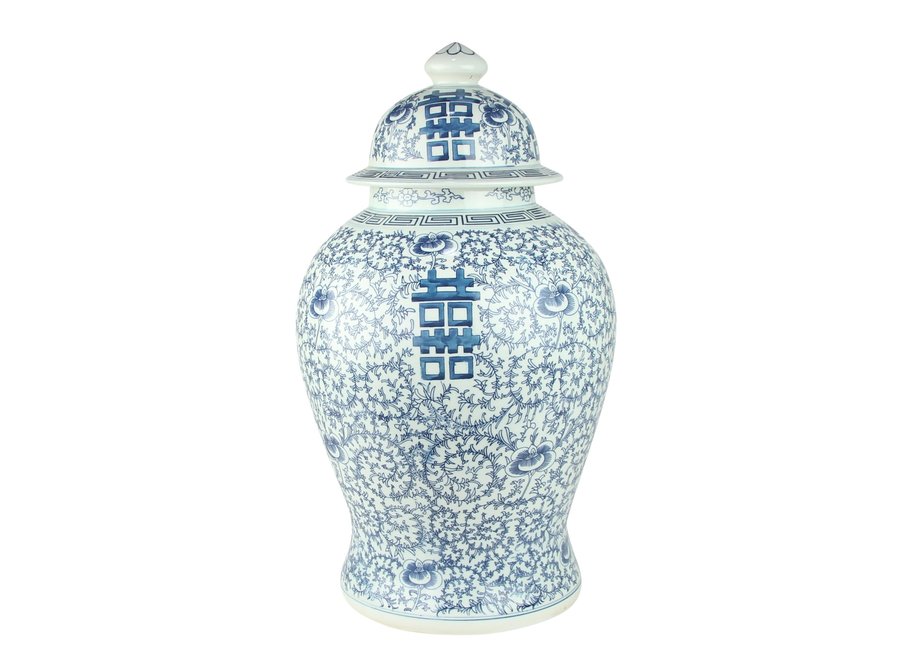 Chinesische Vase mit Deckel Blau Weiß Porzellan Handbemalt Doppeltes Glück D24xH42cm