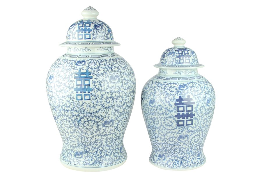 Chinesische Deckelvase Blau Weiß Porzellan Handbemalt Doppeltes Glück D24xH42cm
