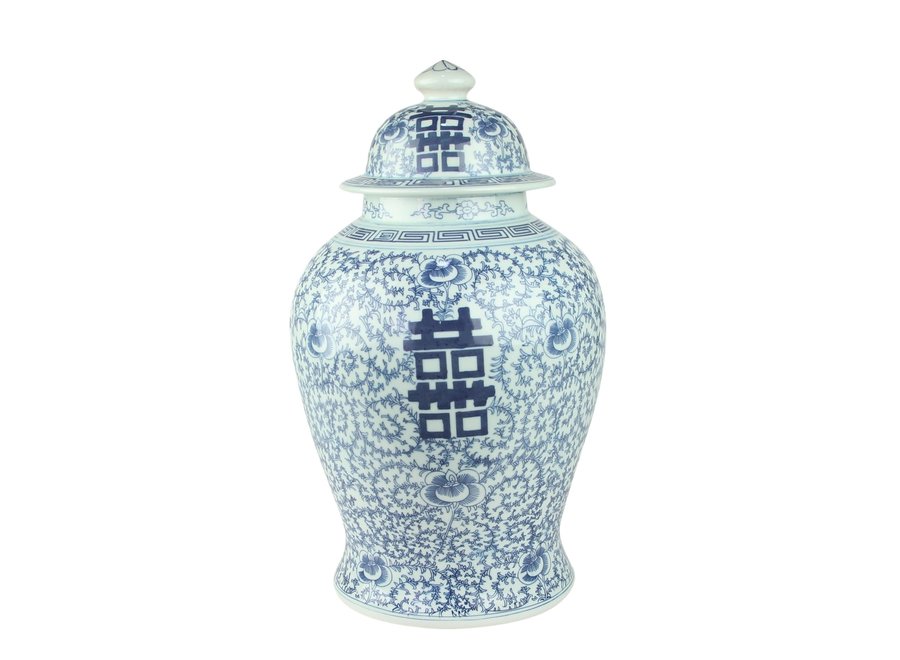 Tarro de Jengibre Chino Porcelana Doble Suerte Azul y Blanco D.24 x Alt.42 cm