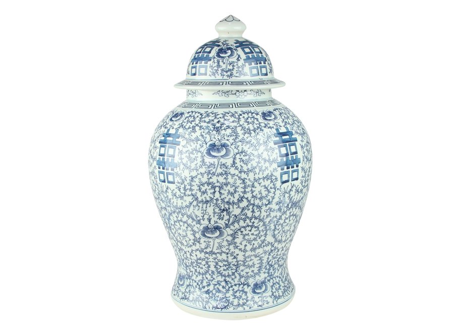 Tarro de Jengibre Chino Porcelana Doble Suerte Azul y Blanco D.24 x Alt.42 cm