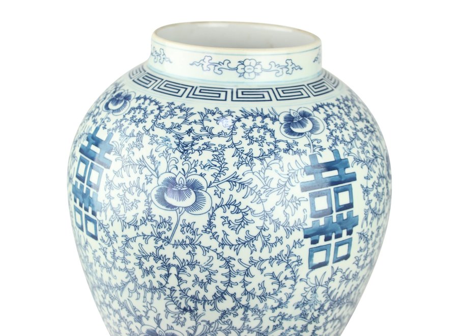 Tarro de Jengibre Chino Porcelana Doble Suerte Azul y Blanco D.24 x Alt.42 cm