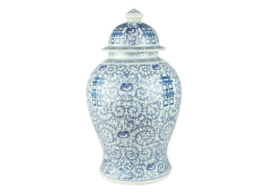 Tarro de Jengibre Chino Porcelana Doble Suerte Azul y Blanco D.31 x Alt.52 cm