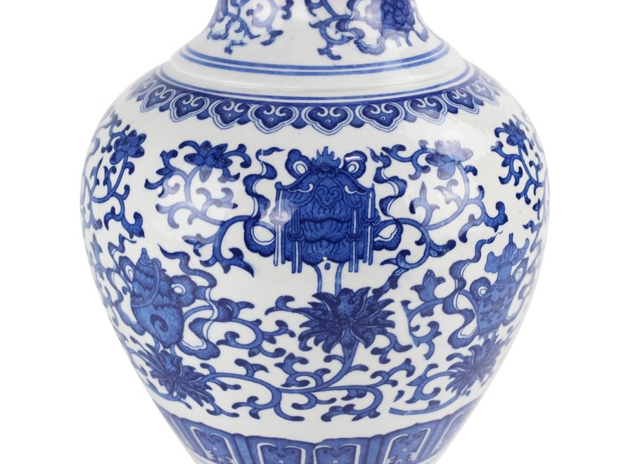 Vase Chinois Porcelaine Lotus Bleu et Blanc Diam21xH28cm