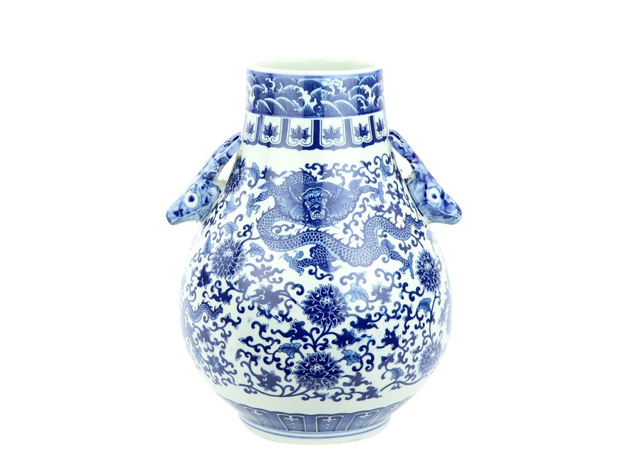 Jarrón de Porcelana Chino Ciervos y Dragón blanca Azul D.24 x Alt.29 cm