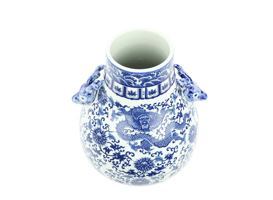 Jarrón de Porcelana Chino Ciervos y Dragón blanca Azul D.24 x Alt.29 cm