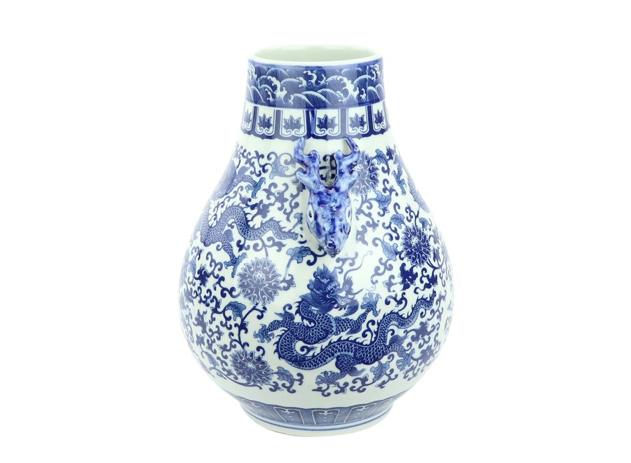 Jarrón de Porcelana Chino Ciervos y Dragón blanca Azul D.24 x Alt.29 cm