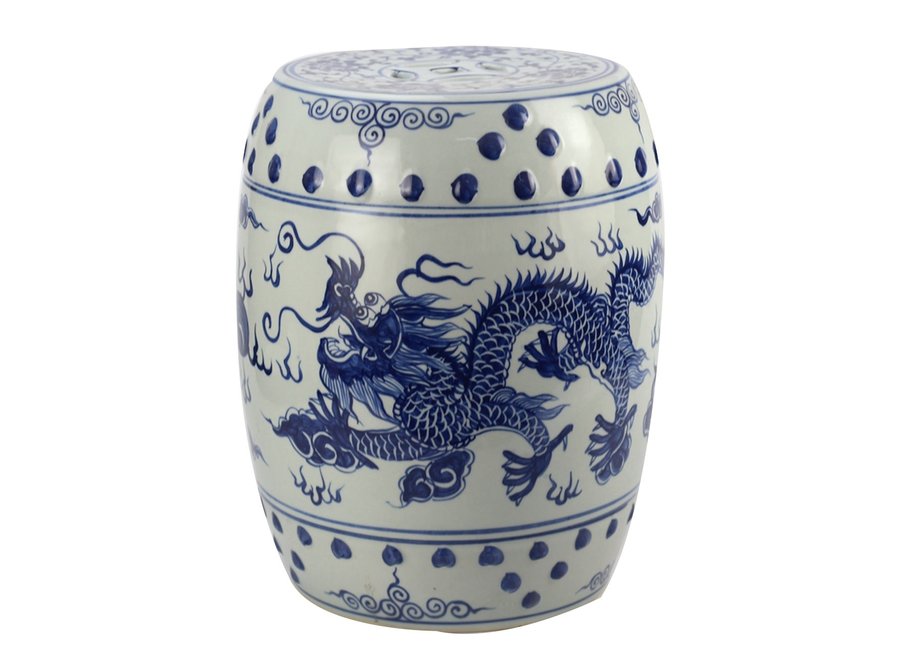 Sgabello Da Giardino In Ceramica Porcellana Drago Blu Bianco L33xH45cm