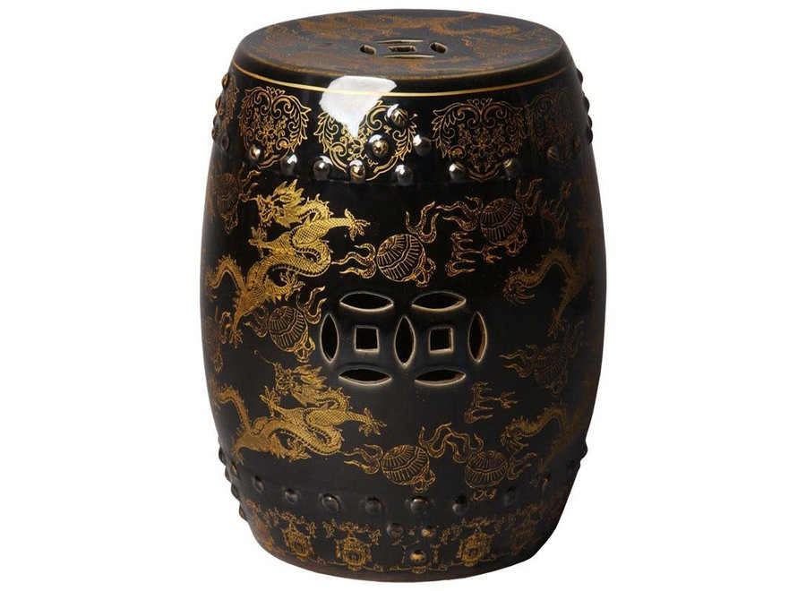 Tabouret Céramique Dragon Chinois Or Noir D33xH45cm