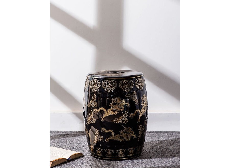 Tabouret Céramique Dragon Chinois Or Noir D33xH45cm