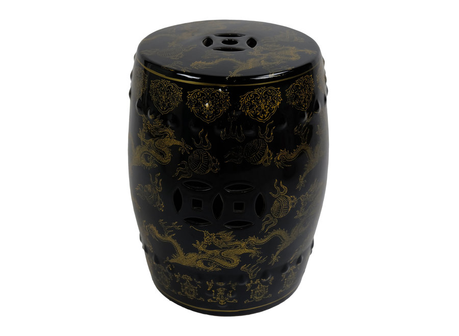 Tabouret Céramique Dragon Chinois Or Noir D33xH45cm