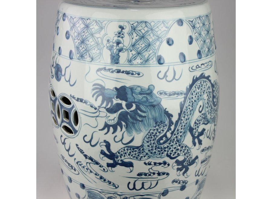 Tabouret Céramique Bleu Blanc Dragon D33xH45cm Peint À La Main