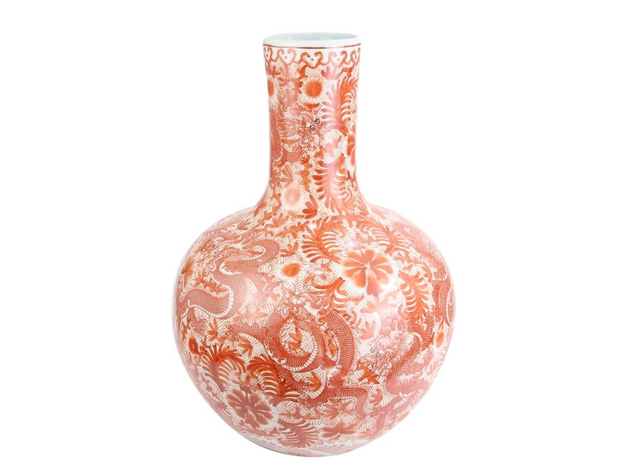Large Chinese Vase Porcelain Red White Dragon Handpainted D37xH53cm