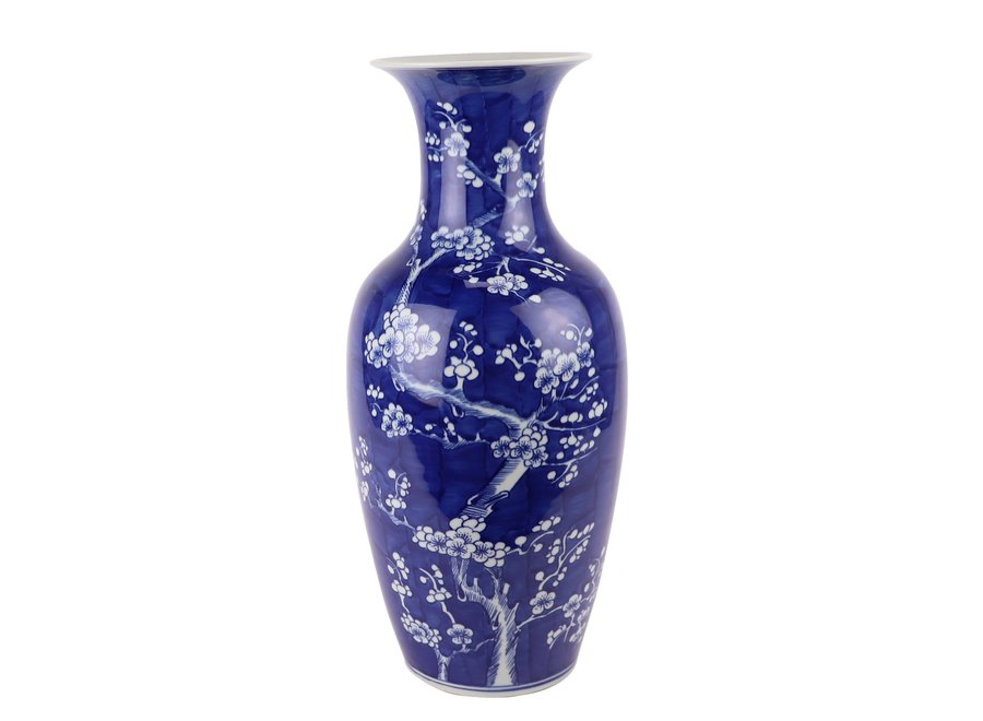 Vase Chinois En Porcelaine Bleu Peint À La Main Fleurs D20xH44cm