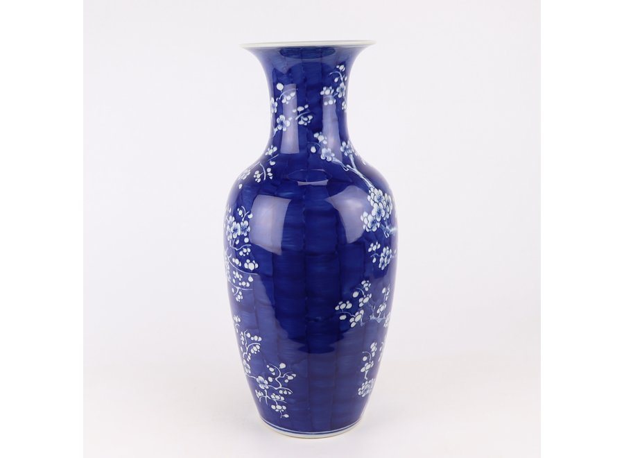 Vase Chinois En Porcelaine Bleu Peint À La Main Fleurs D20xH44cm