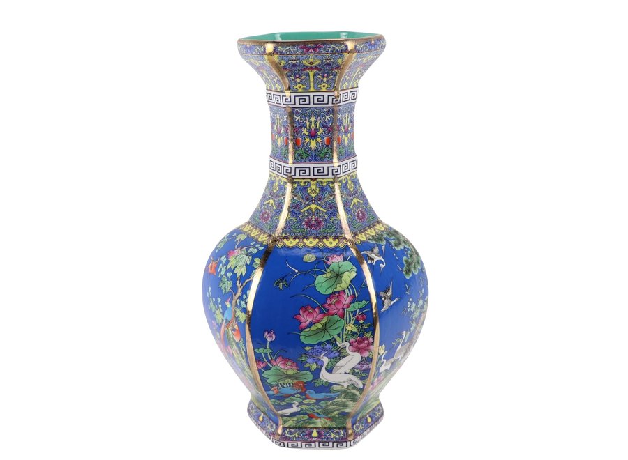 Vase Chinois Porcelaine Fleurs Oiseaux Bleu D19xH32cm