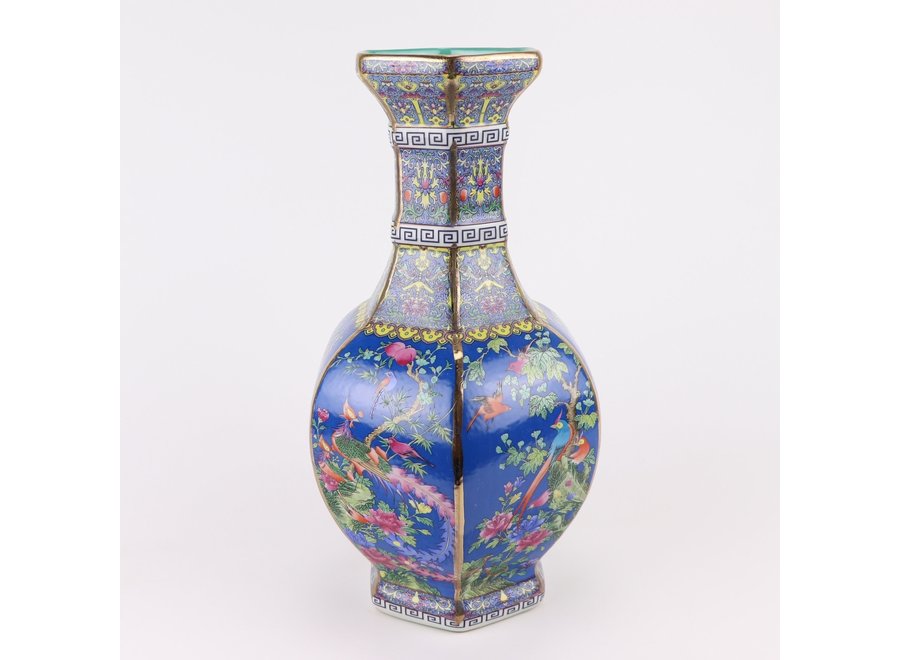 Fine Asianliving Chinese Vase Flowers Birds Blue D19xH32cm