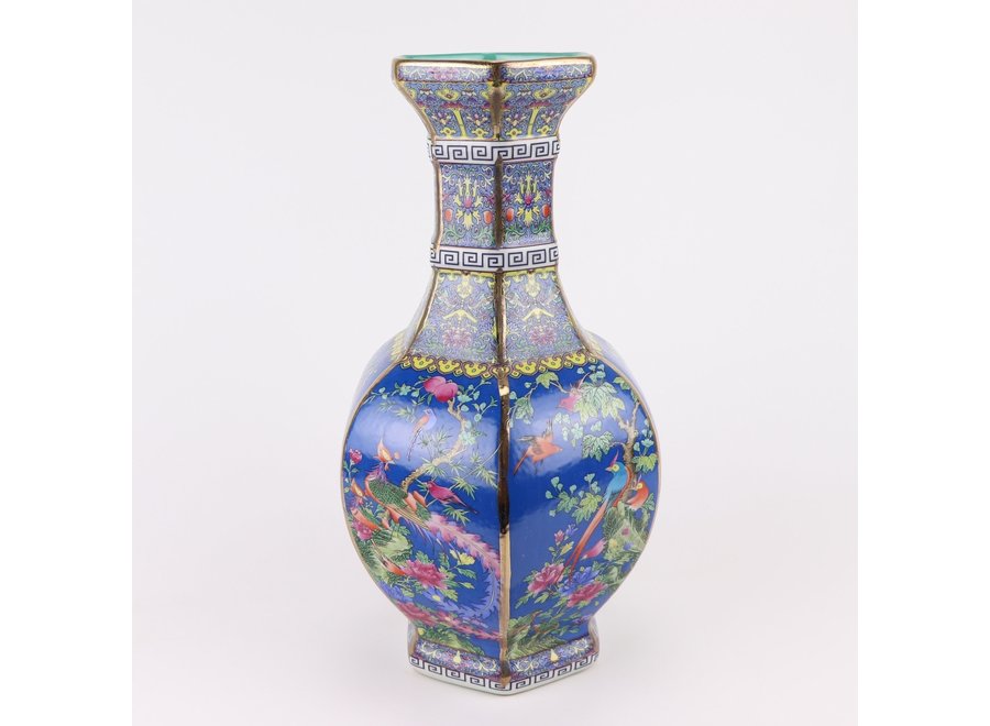 Vase Chinois Porcelaine Fleurs Oiseaux Bleu D19xH32cm