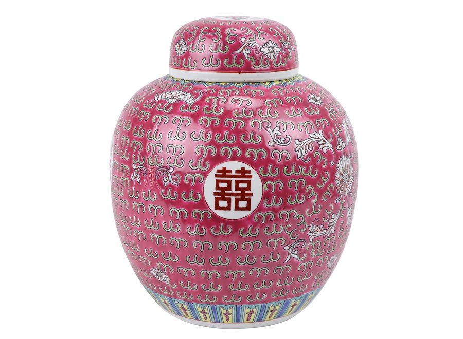 Chinesische Vase mit Deckel Rot Porzellan Handbemalt Doppeltes Glück D21xH25cm