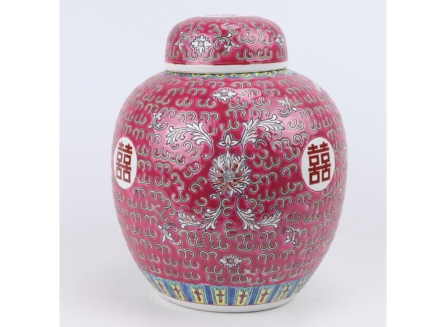 Chinesische Vase mit Deckel Rot Porzellan Handbemalt Doppeltes Glück D21xH25cm