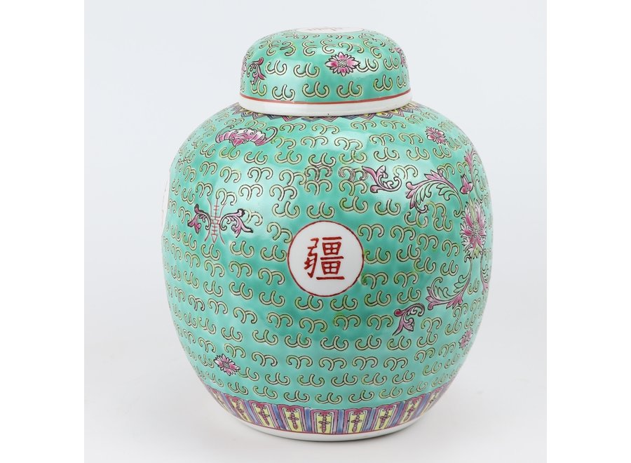 Chinesische Vase mit Deckel Grün Porzellan Handbemalt Langlebigkeit D21xH25cm