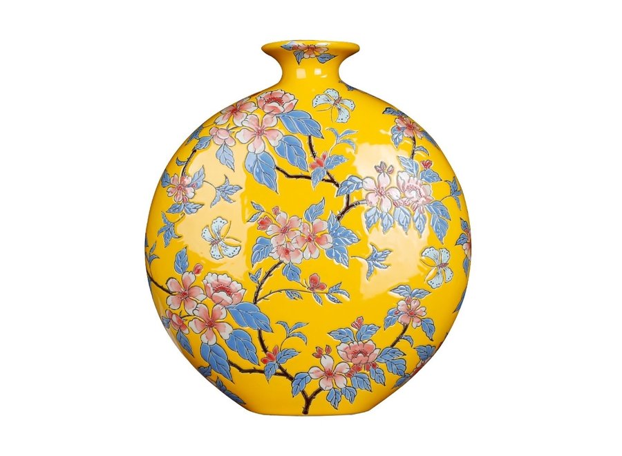 Vase Chinois Porcelaine Jaune Fleurs Peint à la Main L32xP12xH34cm