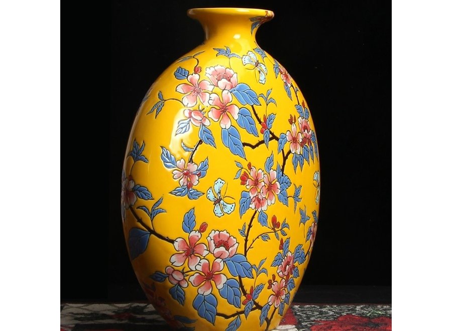 Vase Chinois Porcelaine Jaune Fleurs Peint à la Main L32xP12xH34cm