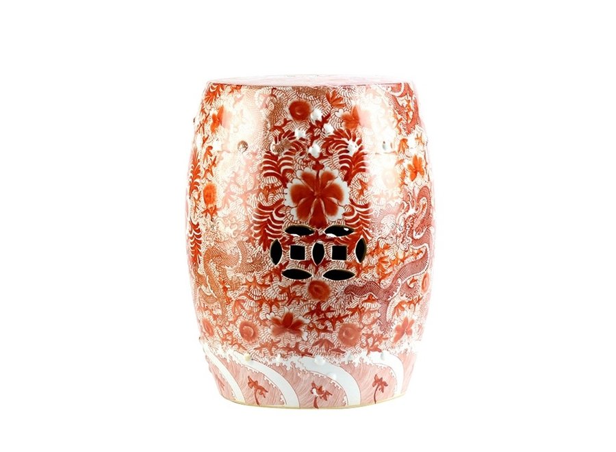 Taburete Ceramica Chino Dragones Pintados a Mano Rojo D.33 x Alt.45 cm
