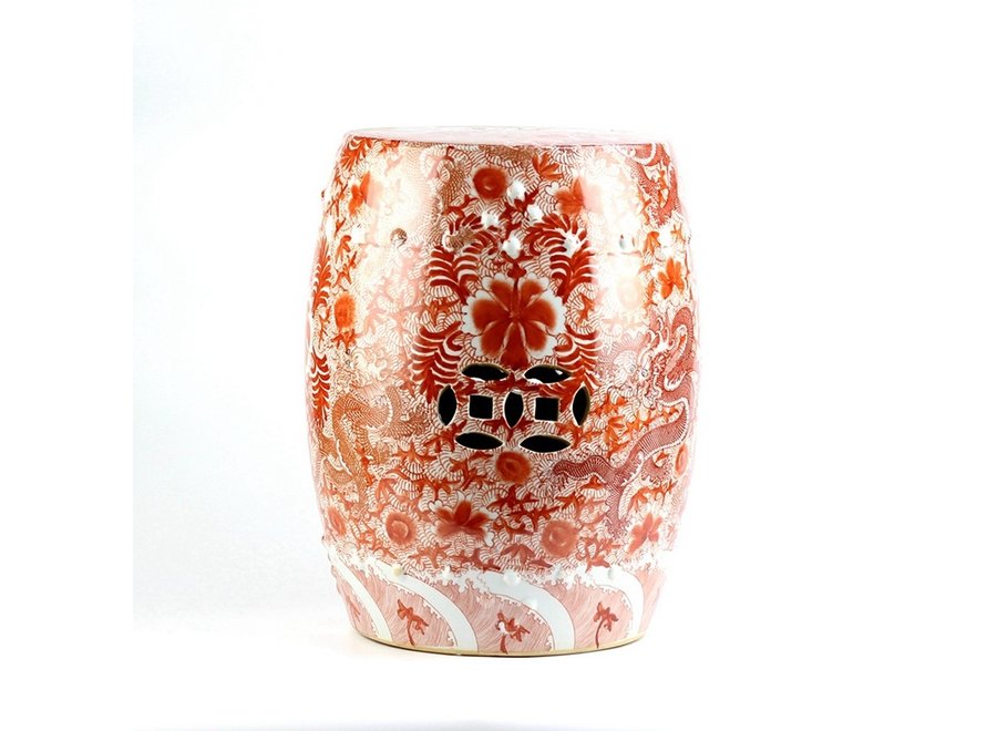 Taburete Ceramica Chino Dragones Pintados a Mano Rojo D.33 x Alt.45 cm