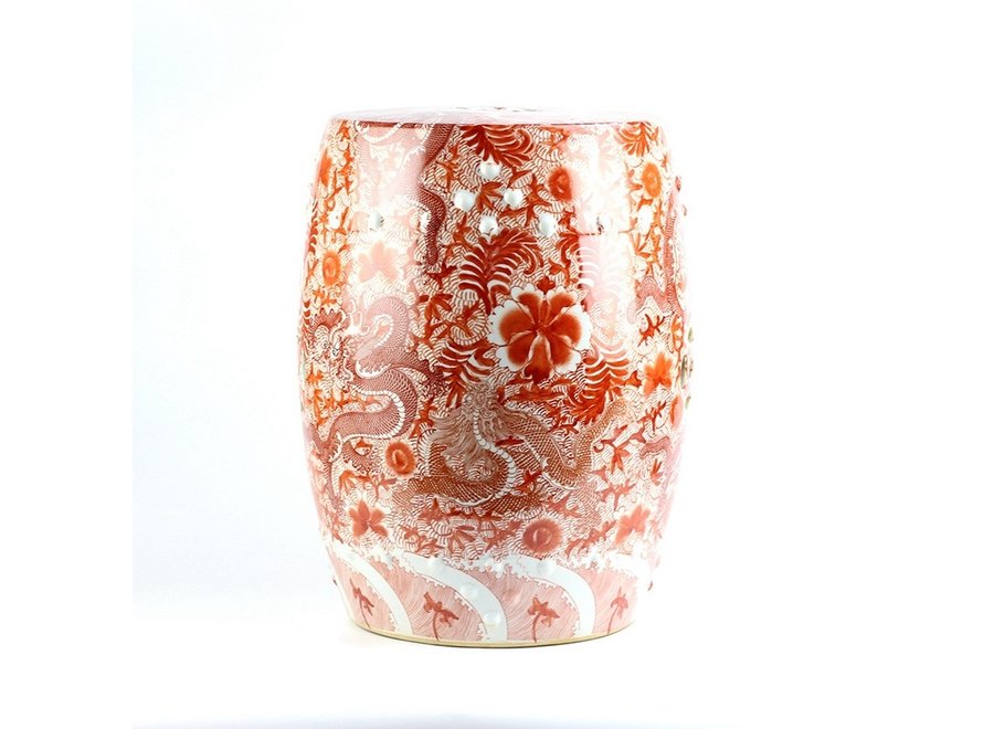 Keramik Hocker Porzellan Handbemalte Drachen Rot D33xH45cm