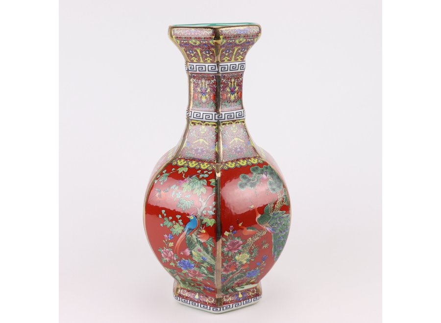 Vase Chinois Porcelaine Fleurs Oiseaux Rouge D19xH32cm