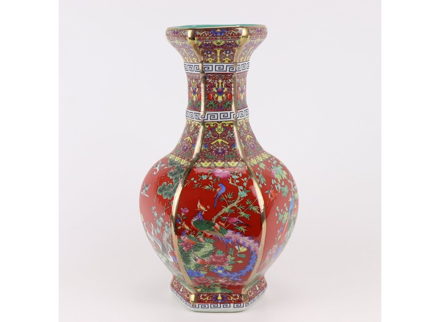 Chinese Vase Flowers Birds Red D19xH32cm