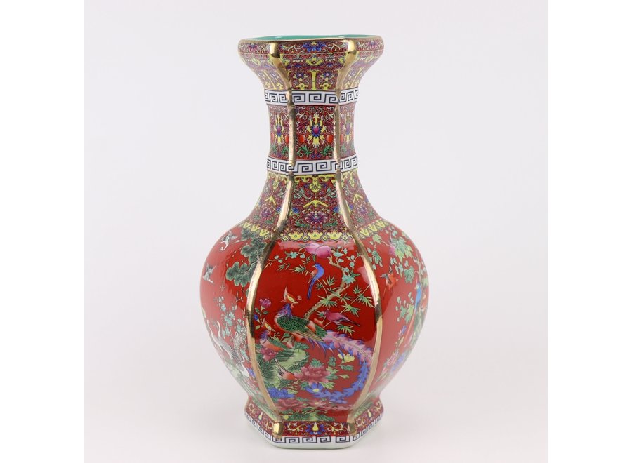 Vase Chinois Porcelaine Fleurs Oiseaux Rouge D19xH32cm