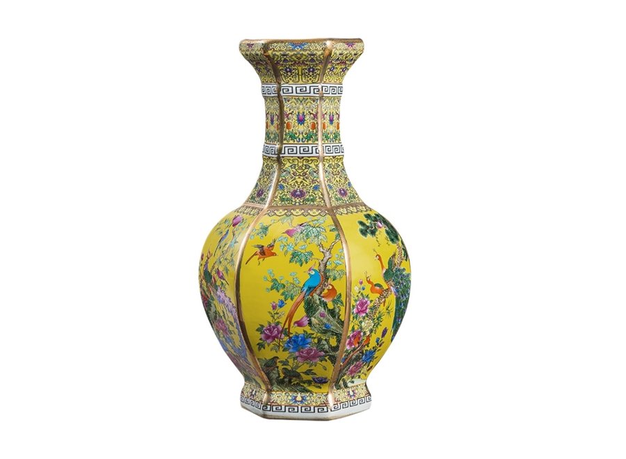 Chinese Vase Flowers Birds Yellow D19xH32cm