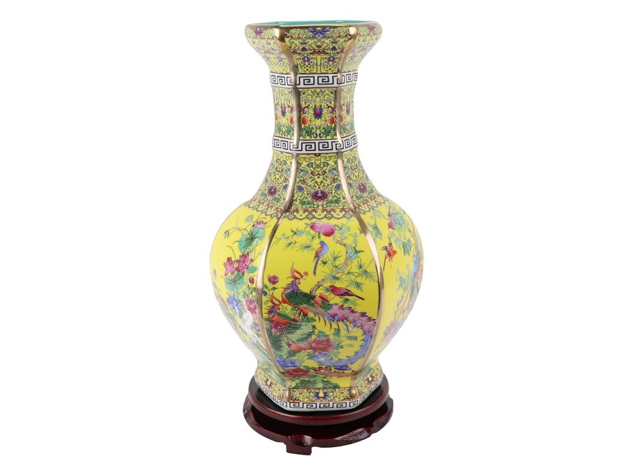 Chinesische Vase Porzellan Blumen Vögel Gelb D19xH32cm