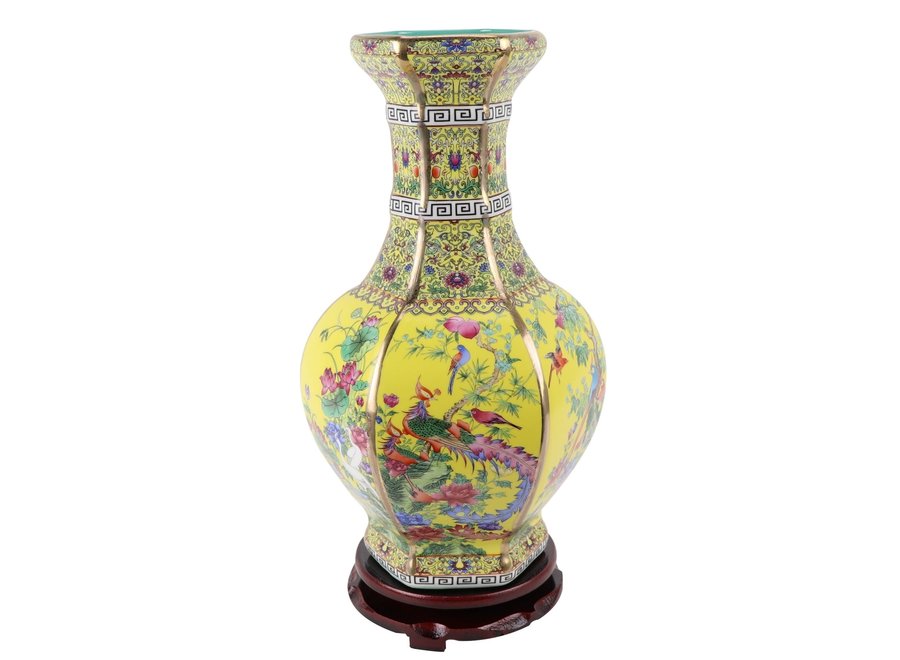 Vase Chinois Porcelaine Fleurs Oiseaux Jaune D19xH32cm